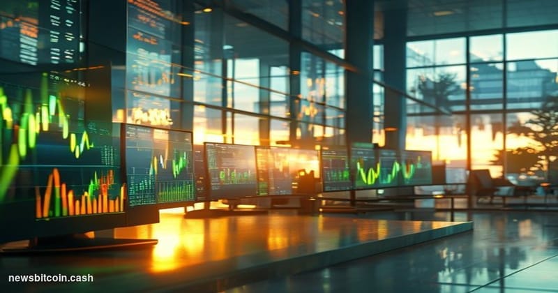 A cinematic photorealistic editorial photograph showing the Aave headquarters or a modern DeFi trading floor environment duri