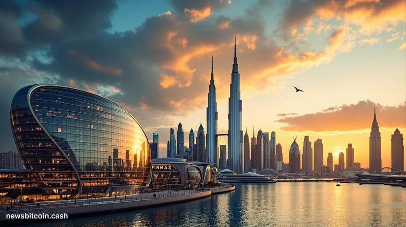 A cinematic photorealistic editorial photograph capturing Abu Dhabi's gleaming financial district skyline at golden hour, wit