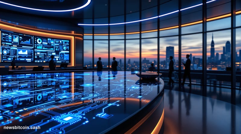 Cinematic photorealistic editorial photograph of a sleek, minimalist banking operations center at dusk. A large curved tradin