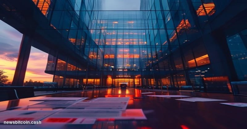 A cinematic photorealistic editorial photograph of a modern corporate office building at dusk with darkened windows and minim