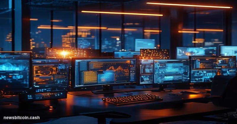 Cinematic photorealistic editorial photograph showing a modern tech office environment with multiple computer monitors displa