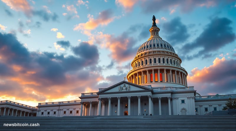 Cinematic photorealistic editorial photograph of the U.S. Capitol building's iconic dome and neoclassical facade from a low a