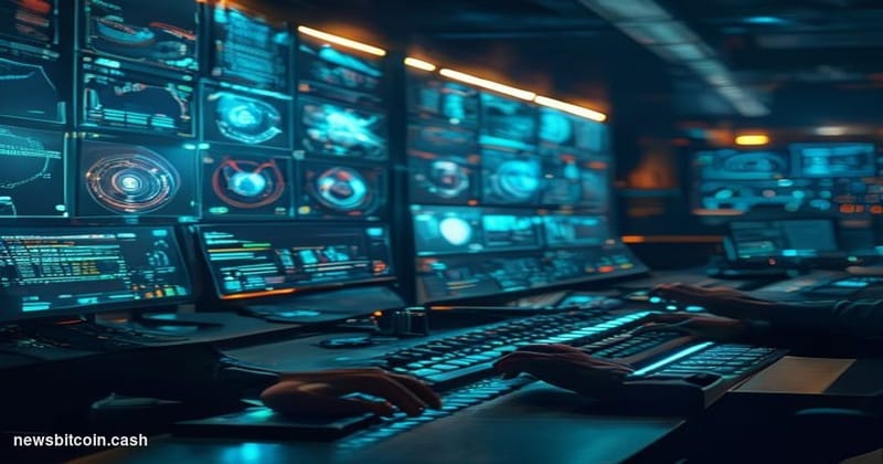 A cinematic photorealistic editorial photograph showing a high-tech bridge control room or monitoring station with multiple s