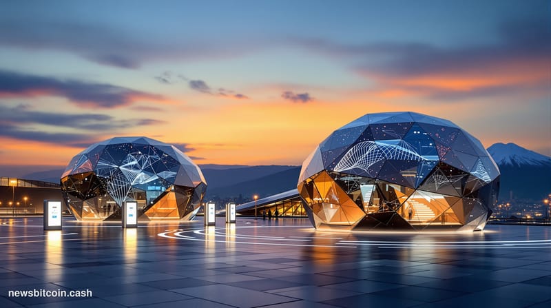 A cinematic photorealistic editorial photograph of Amazon's Seattle headquarters spherical glass domes at dusk, with warm gol