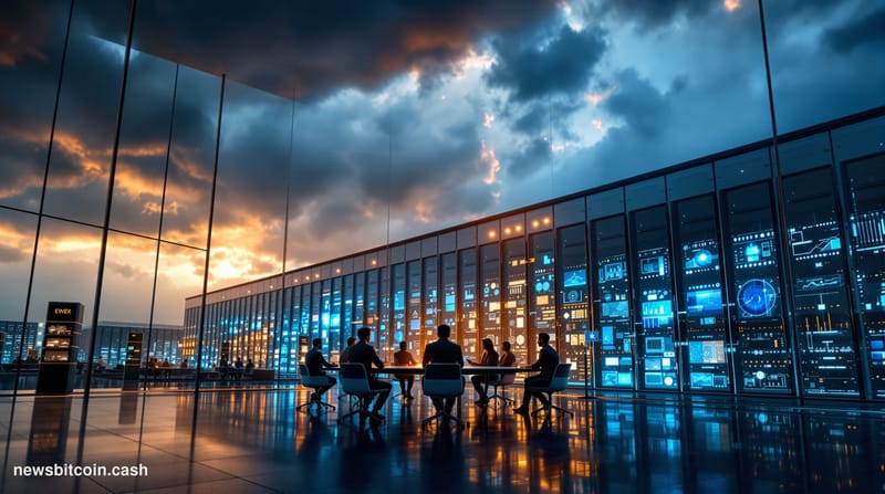 A cinematic photorealistic editorial photograph capturing the intersection of AI and cryptocurrency payments. The scene shows