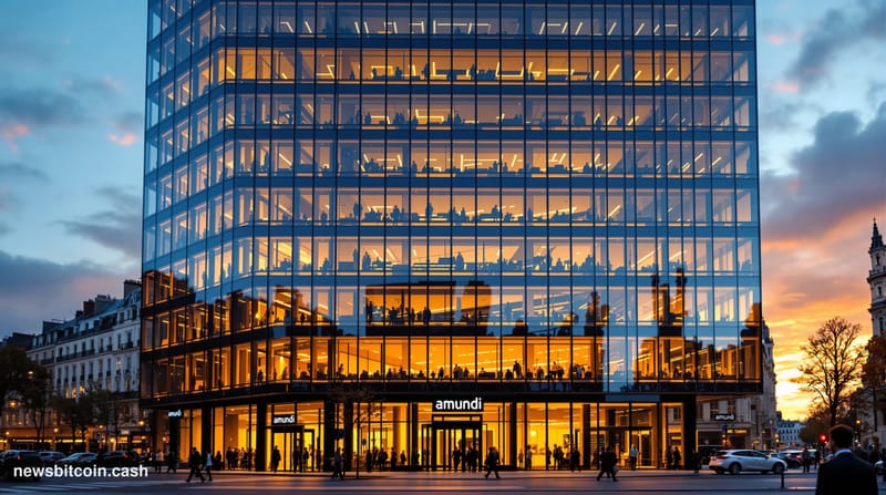A cinematic photorealistic editorial photograph of Amundi's modern corporate headquarters in Paris, France, captured during g