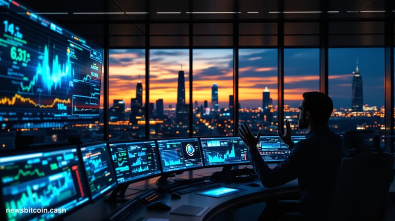 Cinematic photorealistic editorial photograph of a sleek, modern banking operations center at dusk. In sharp focus in the for