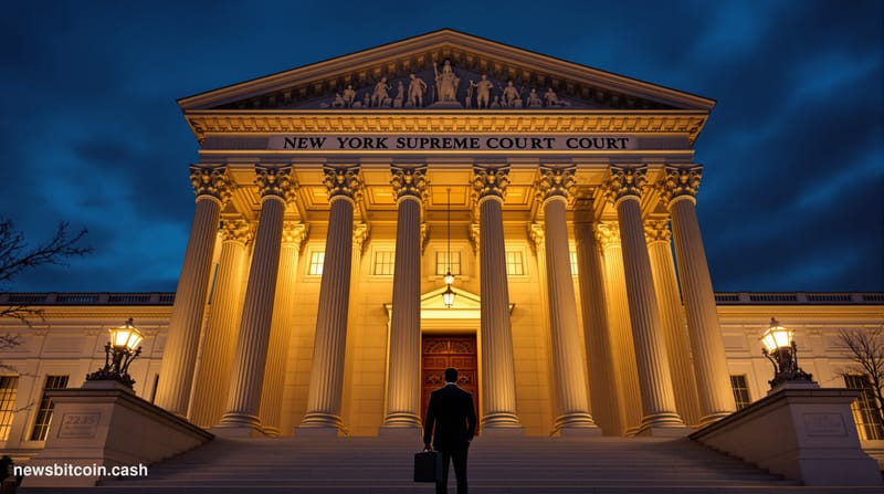 A dramatic cinematic photograph of the imposing New York Supreme Court building facade at dusk, shot from a low angle to emph