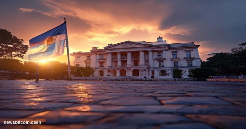 Cinematic photorealistic editorial photograph of the iconic Casa Rosada (Pink House) presidential palace in Buenos Aires, Arg