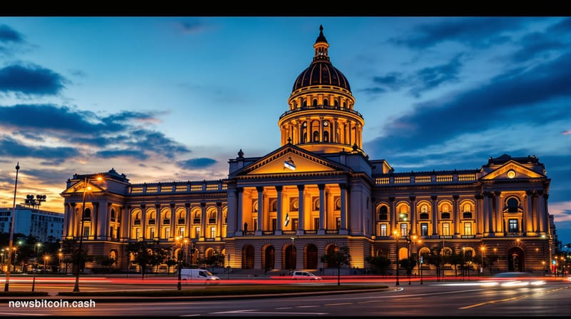 A cinematic photorealistic editorial photograph of the Argentine Congress building (Palacio del Congreso) in Buenos Aires at 
