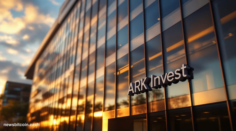 A cinematic photorealistic editorial photograph of ARK Invest's sleek modern headquarters in St. Petersburg, Florida, shot du