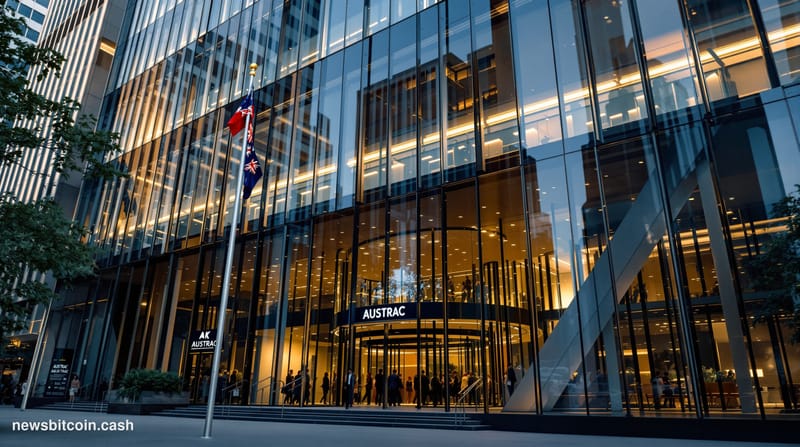 A cinematic photorealistic editorial photograph showing the imposing modern glass facade of AUSTRAC headquarters in Sydney's 