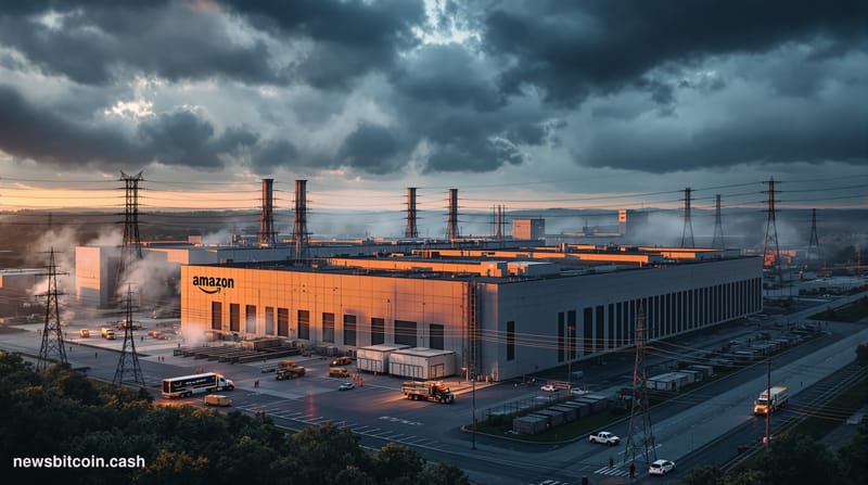 A cinematic photorealistic editorial photograph of Amazon Web Services' sprawling Northern Virginia data center campus during
