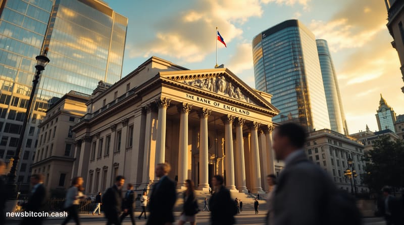 A cinematic photorealistic editorial photograph of the Bank of England's iconic neoclassical headquarters building in the Cit