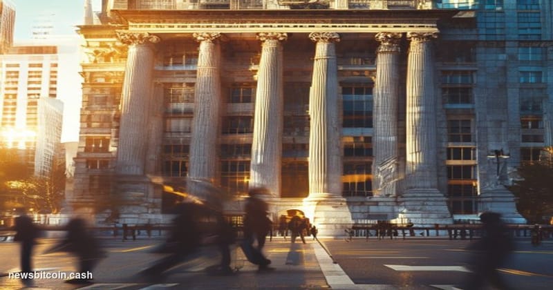 A cinematic photorealistic editorial photograph of the Bank of England's iconic neoclassical headquarters on Threadneedle Str
