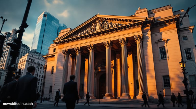 A cinematic photorealistic editorial photograph of the Bank of England's imposing neoclassical headquarters building on Threa