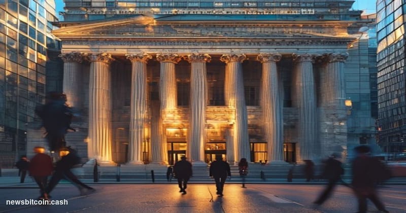 A cinematic photorealistic editorial photograph of the Bank of England's iconic neoclassical headquarters on Threadneedle Str