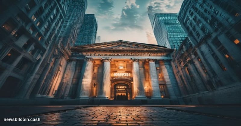 A cinematic photorealistic editorial photograph showing the iconic Bank of England building in London's financial district, s