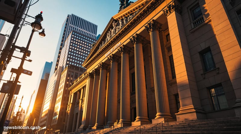 A cinematic photorealistic editorial photograph of the Bank of Japan headquarters in Tokyo's Nihonbashi district, captured du