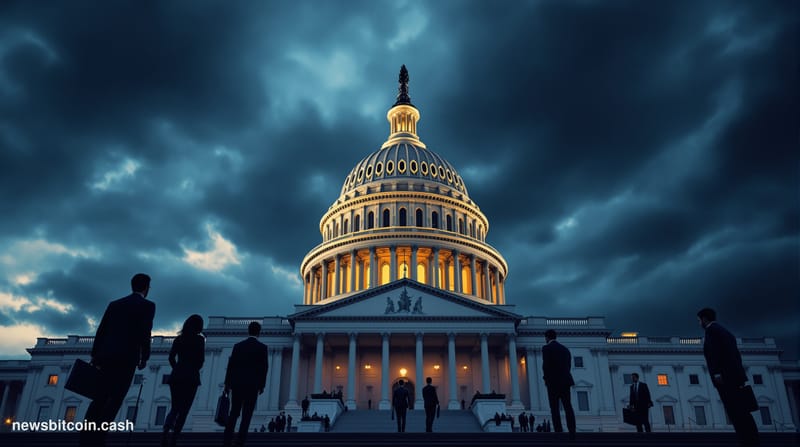 Cinematic photorealistic editorial photograph of the United States Capitol building dome against a dramatic stormy sky, shot 