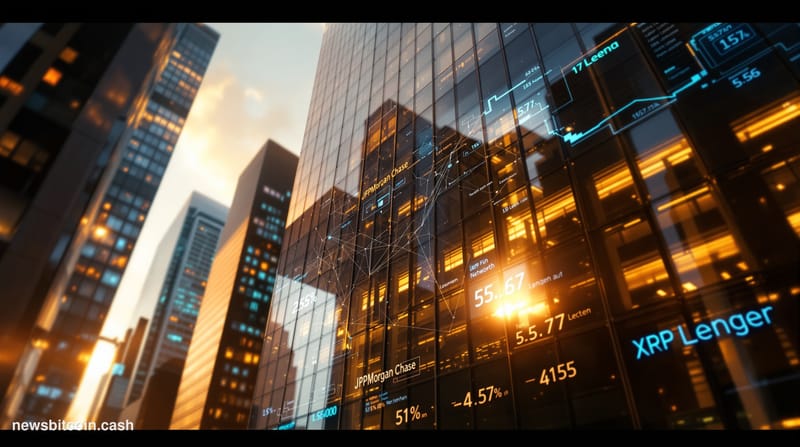 A cinematic photorealistic editorial photograph capturing the convergence of traditional banking and digital asset infrastruc