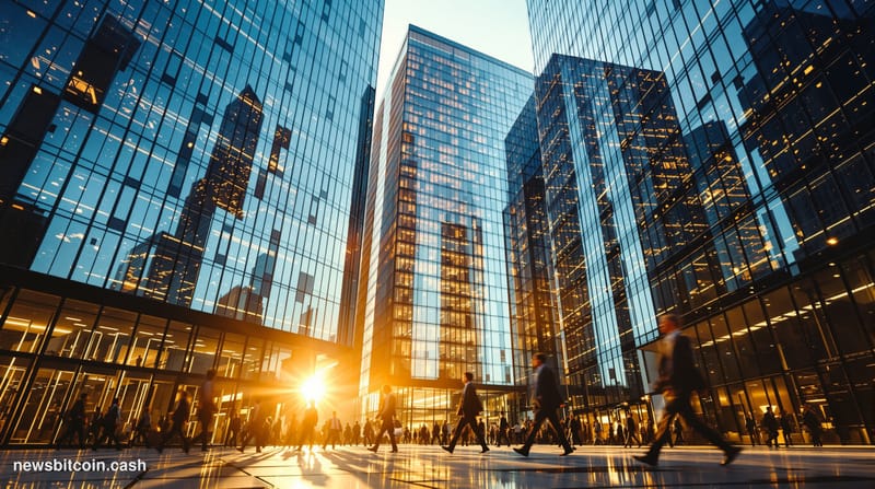 A cinematic photorealistic editorial photograph showing the imposing glass and steel facades of major bank headquarters in Lo