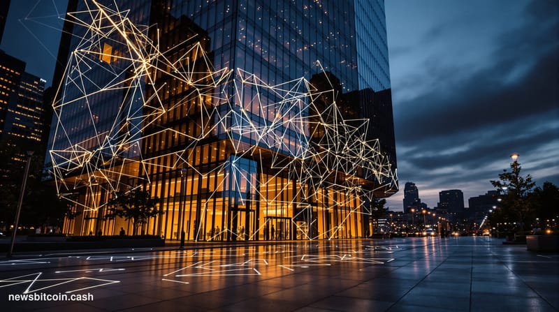 Cinematic photorealistic editorial photograph of Coinbase's modern San Francisco headquarters at dusk, shot from a low angle 