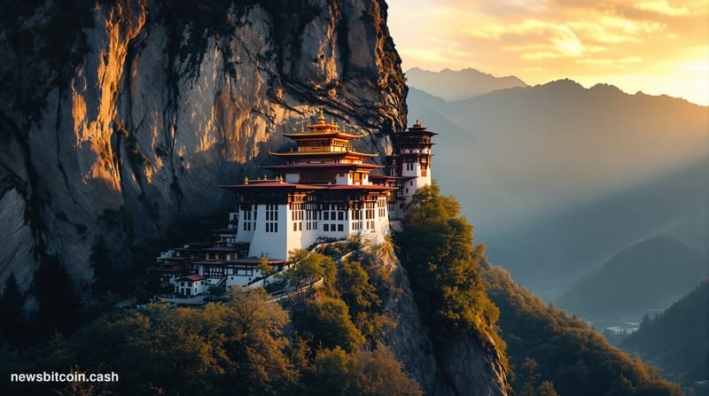 A cinematic photorealistic editorial photograph of Bhutan's iconic Tiger's Nest Monastery perched on a dramatic cliff face, s