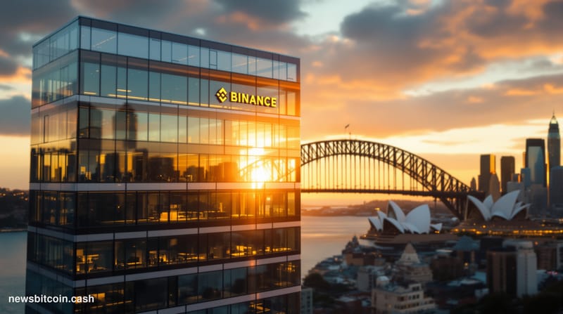 A cinematic photorealistic editorial photograph capturing Binance's Australian operations against Sydney's iconic harbor back