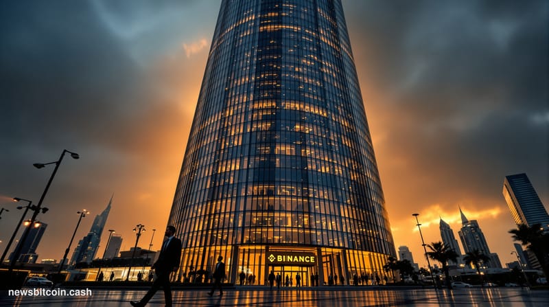 Cinematic photorealistic editorial photograph of Binance's global headquarters building in Dubai, shot during golden hour wit
