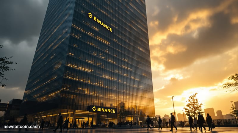 A cinematic photorealistic editorial photograph of Binance's modern headquarters building in a major financial district, shot