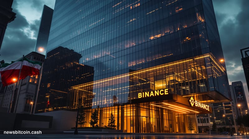 Cinematic photorealistic editorial photograph of Binance's corporate headquarters exterior in a major financial district, sho