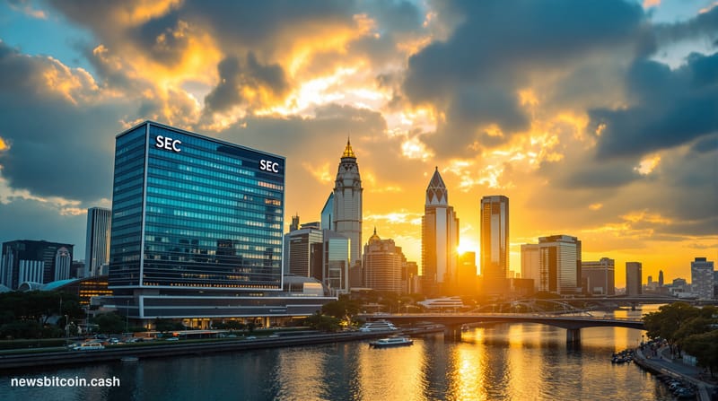 A cinematic photorealistic editorial photograph showing the modern Manila financial district skyline at golden hour, with gle
