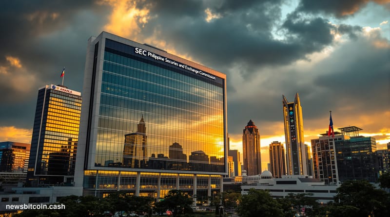 A cinematic photorealistic editorial photograph of Manila's modern financial district skyline at golden hour, featuring the t