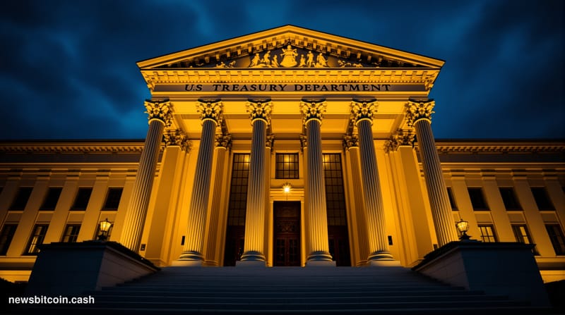 A cinematic photorealistic editorial photograph of the US Treasury Department building in Washington DC at dusk, shot from a 