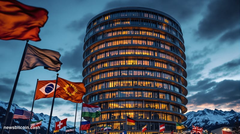 A cinematic photorealistic editorial photograph showcasing the Bank for International Settlements headquarters tower in Basel