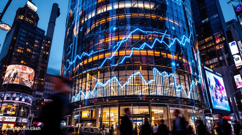 A cinematic photorealistic editorial photograph of the Nasdaq MarketSite building in Times Square, New York City at dusk, wit