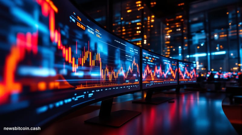 Cinematic photorealistic editorial photograph of a sophisticated cryptocurrency trading floor or financial analytics center, 