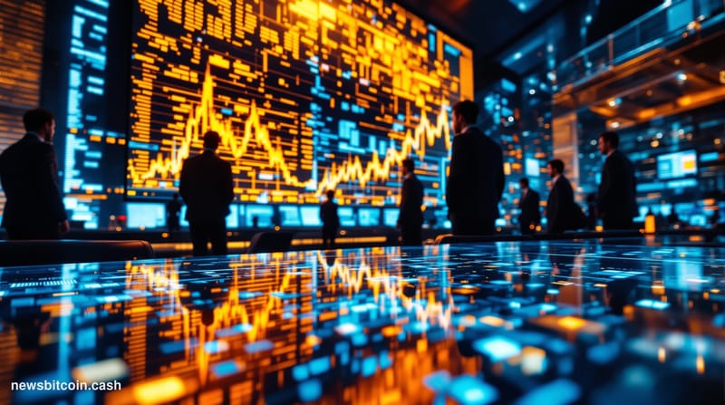 A dramatic cinematic photograph of multiple large trading screens displaying Bitcoin price charts with the $78,000 peak clear