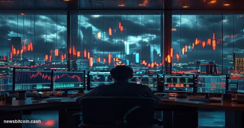 A cinematic photorealistic editorial photograph of a modern financial trading floor during market stress, with multiple large