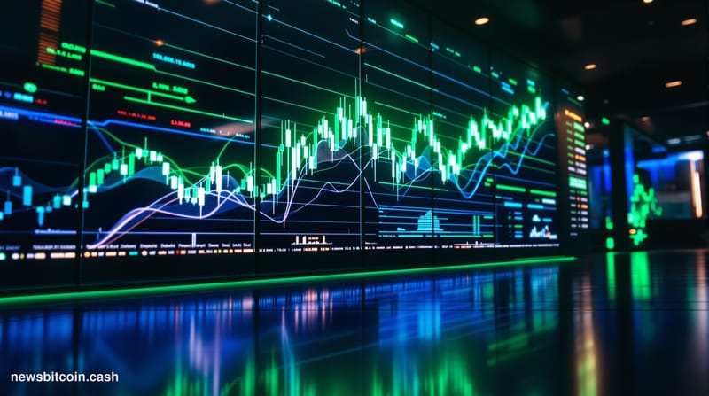 A cinematic photorealistic editorial photograph of multiple large trading screens in a modern cryptocurrency exchange office,