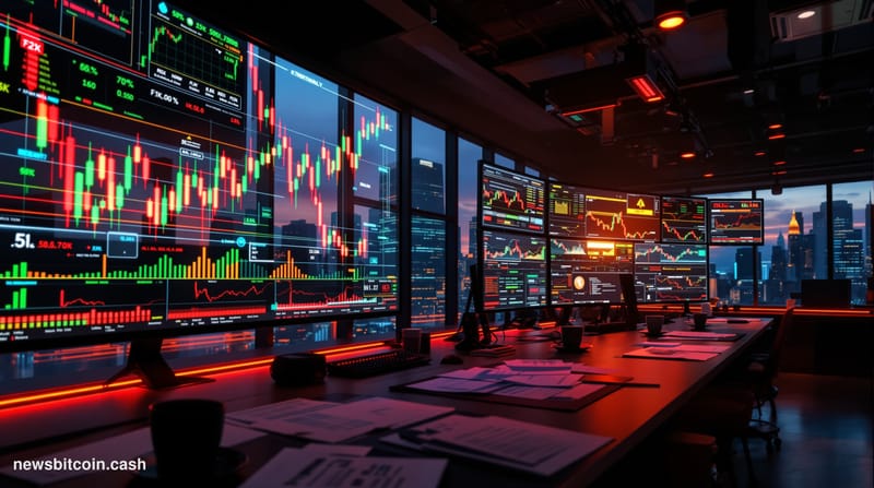 A cinematic photorealistic editorial photograph of a high-tech trading floor or cryptocurrency exchange office at dusk, shot 