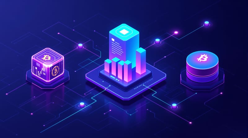 Isometric flat vector illustration showing three connected elements: (1) a Bitcoin block on the left rendered as a glowing cu