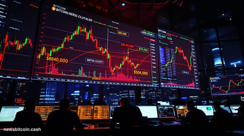 A cinematic photorealistic editorial photograph capturing Bitcoin's precarious technical position through a dramatic trading 