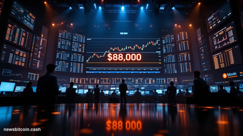 A cinematic photorealistic editorial photograph of a massive digital trading floor with towering screens displaying Bitcoin p