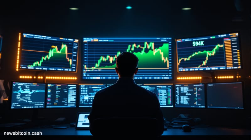 A cinematic photorealistic editorial photograph showing a dramatic upward-trending Bitcoin price chart displayed on multiple 