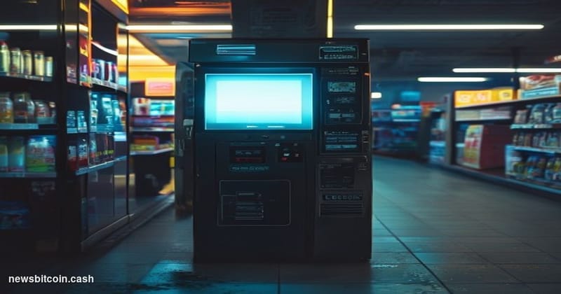 A cinematic photorealistic editorial photograph showing a Bitcoin ATM kiosk in harsh fluorescent lighting inside a convenienc
