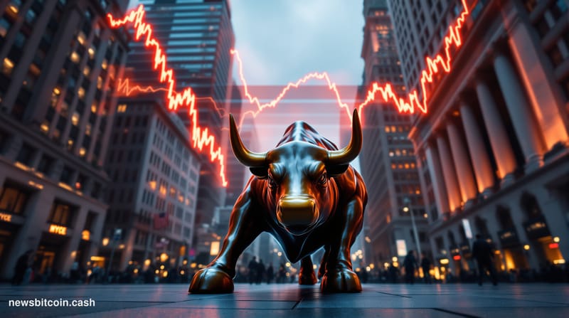 A cinematic photorealistic editorial photograph showing the iconic Wall Street bull statue in the foreground with aggressive 