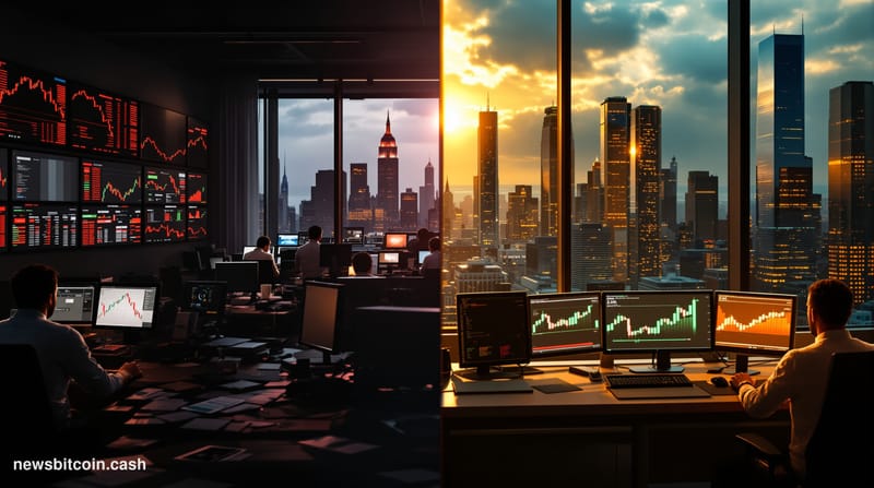 A cinematic photorealistic editorial photograph capturing the tension between traditional financial markets and Bitcoin tradi