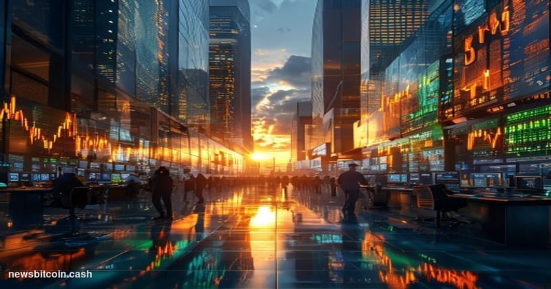 A cinematic photorealistic editorial photograph showing a dramatic wide-angle view of a modern cryptocurrency trading floor o